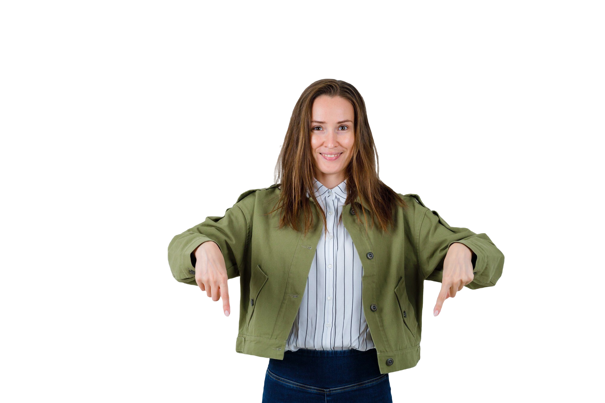 young lady pointing down shirt jacket looking cheery front view