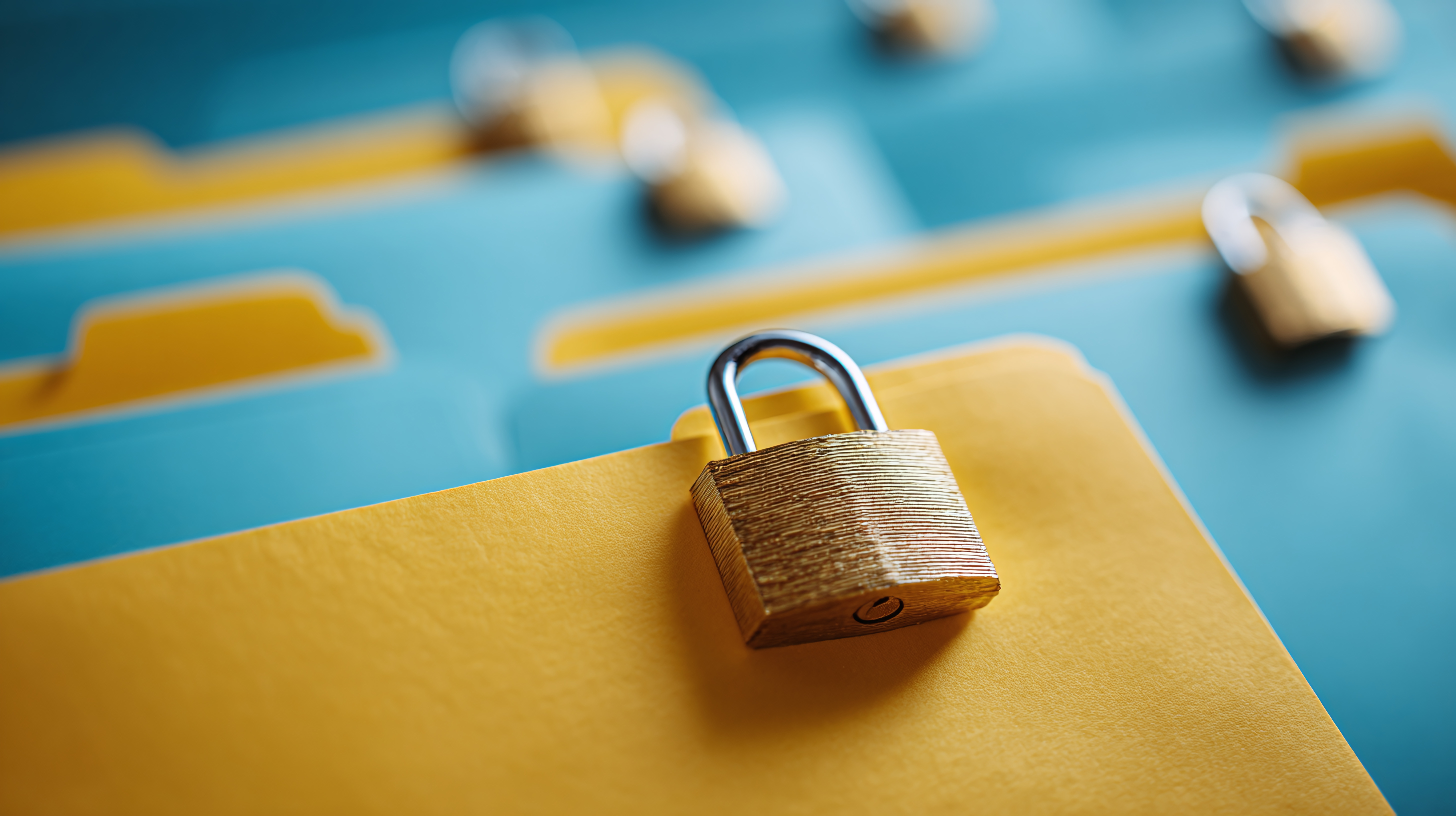 A golden padlock rests on a yellow file folder, against a backdrop of out-of-focus blue folders. It signifies information security, confidential data, and the importance of privacy.