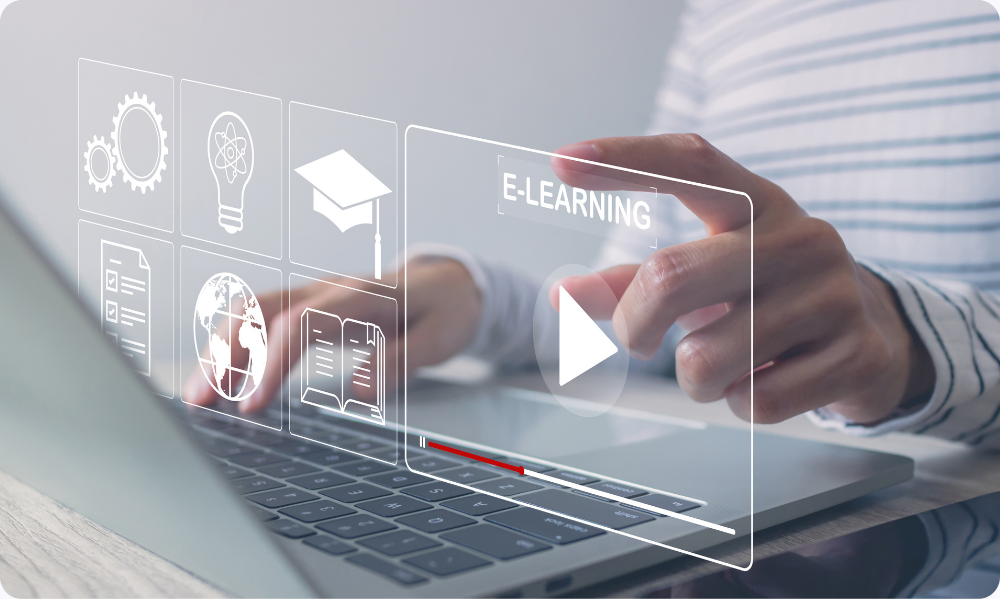 E-learning concept.Woman hand using laptop computer study online education training for personal development and Professional at home.study online, Digital courses to develop new skills.