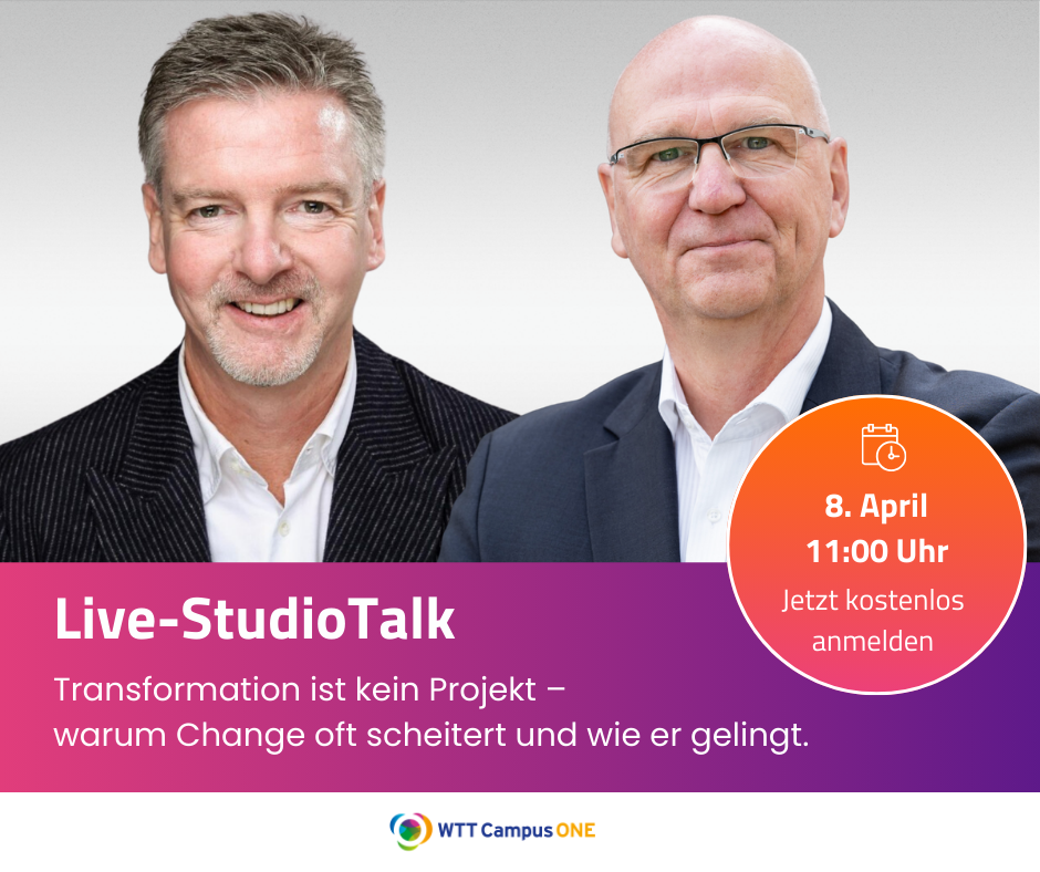Zwei Business-Speaker im Porträt vor Eventbanner zum Live-StudioTalk über Transformation und Change-Management am 8. April um 11 Uhr