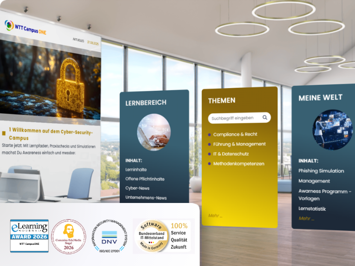 Cyber Security Campus von WTT CampusONE – digitale Lernplattform für Informationssicherheit. Abgebildet ist ein Campus mit verschiedenen Lernangeboten, die Informationssicherheitsbeauftragten helfen, ihre Belegschaft effizient zu schulen.