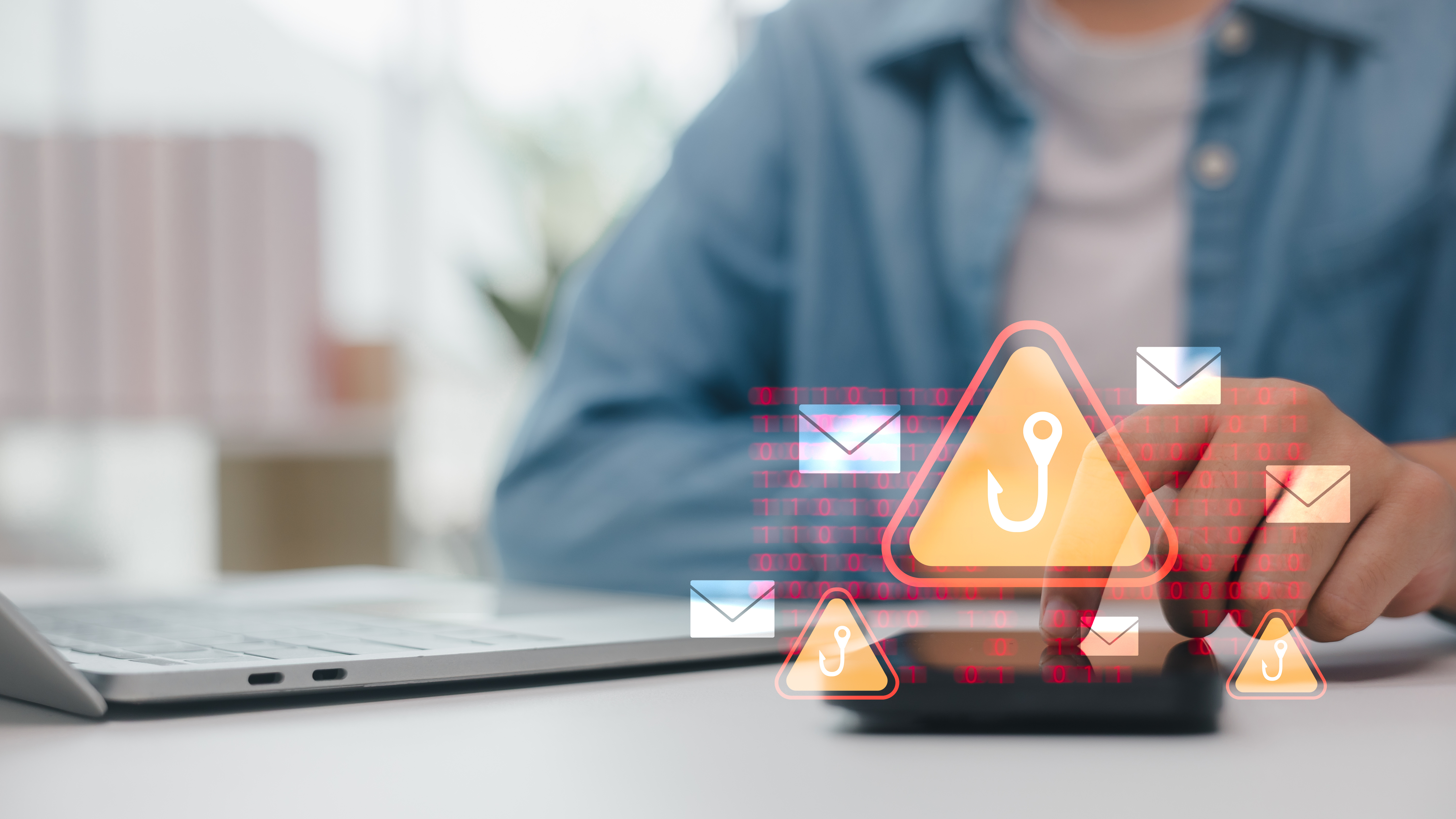 Email phishing scam concept with man using smartphone, warning icon with phishing hook and envelopes representing online fraud, cyber attack, scam email, and internet security risk in digital world.